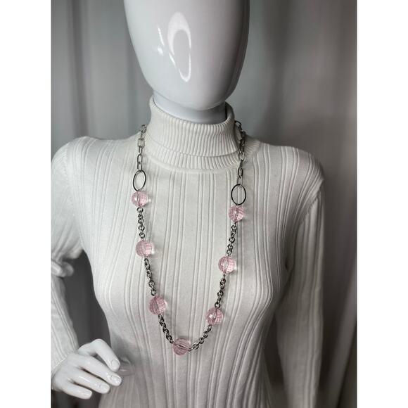 silver tone chunky chain link necklace with faceted pink resin beads jewelry - Picture 11 of 16